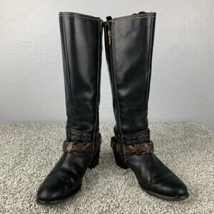 Pikolinos Tall Boots Black Leather Western Heeled Harness Strap Side Zip Size 7